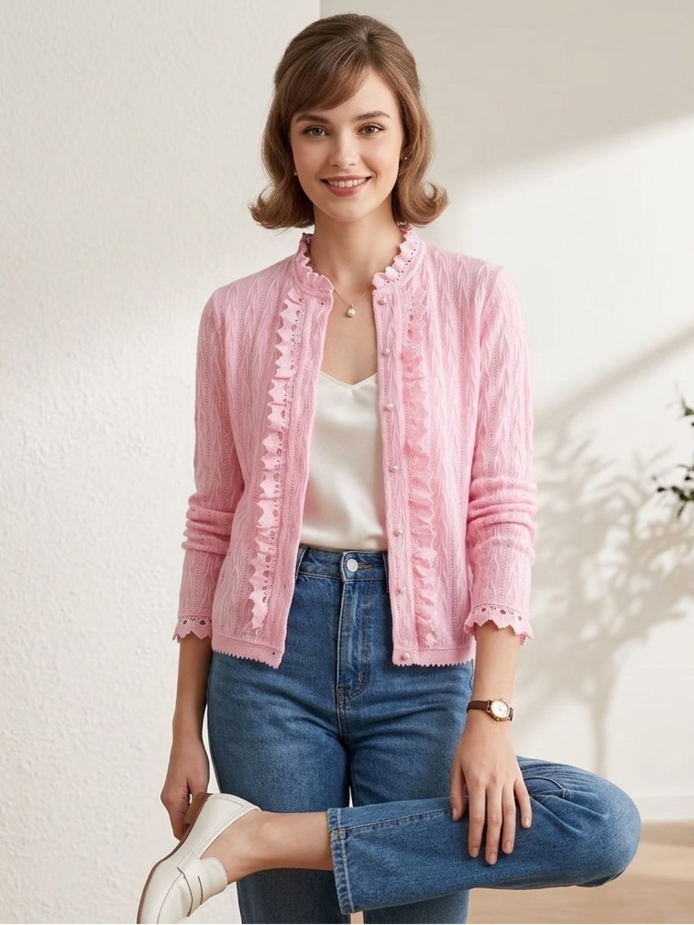 Women's Pink Lace-Trim Knit Cardigan